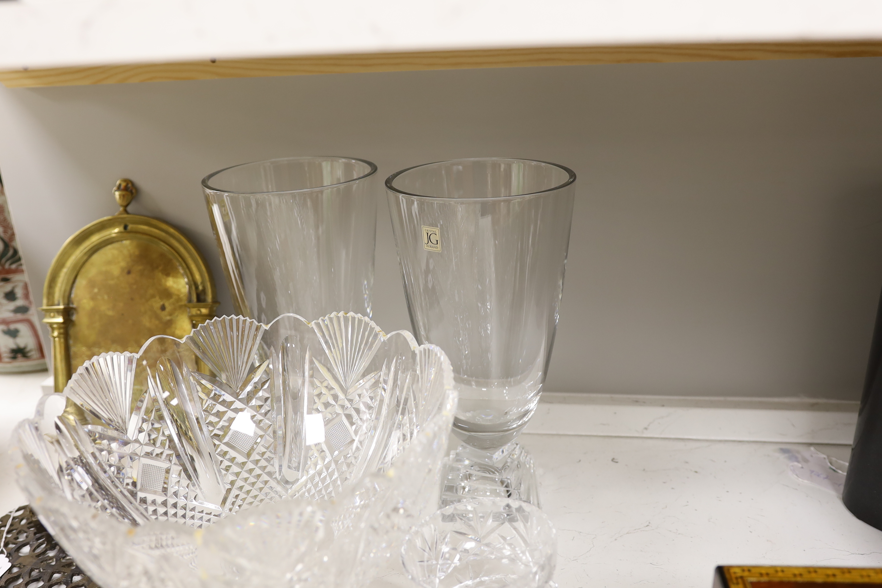 A pair of JG Durand vases, eight sundae glasses and plates, a pedestal bowl and two rinsers